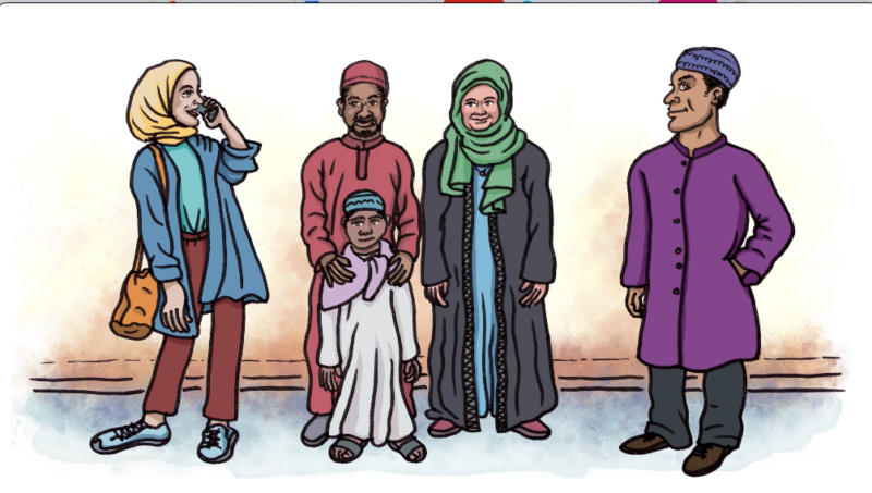Group of two muslim men, two women and one child standing around together